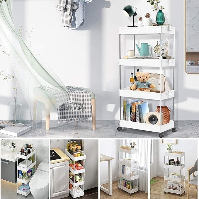 4 Layers Storage Rack Bathroom Storage Utility Cart with Wheels Portable Fridge Slim Standing Shelf Kitchen Storage Organizer