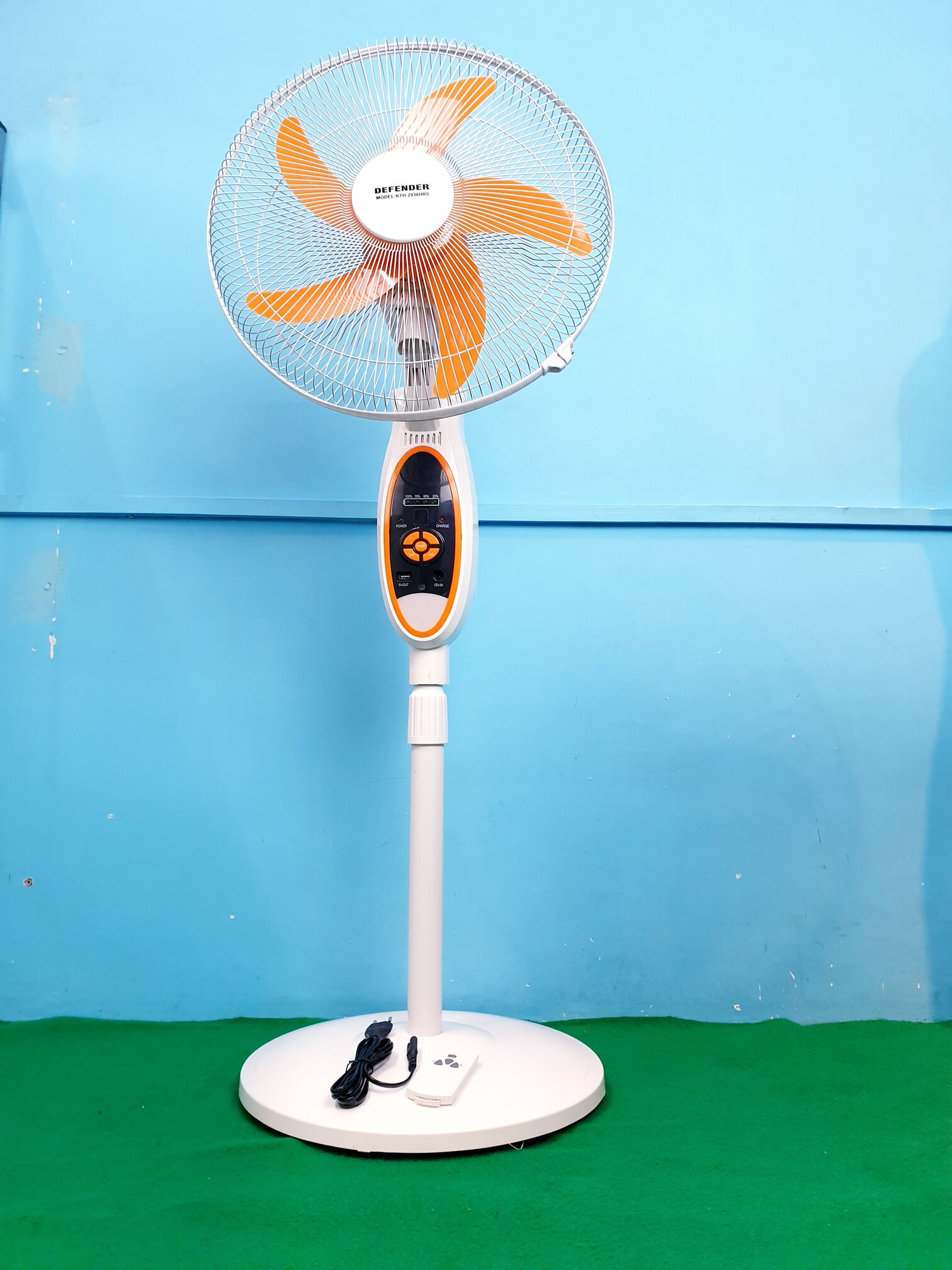 Defender | 18 inch AC/DC Rechargeable Full Stand fan with Remote, Model: 2938HRS, 12v-5Ah Battery, Battery Life Display, 12 hrs Backup